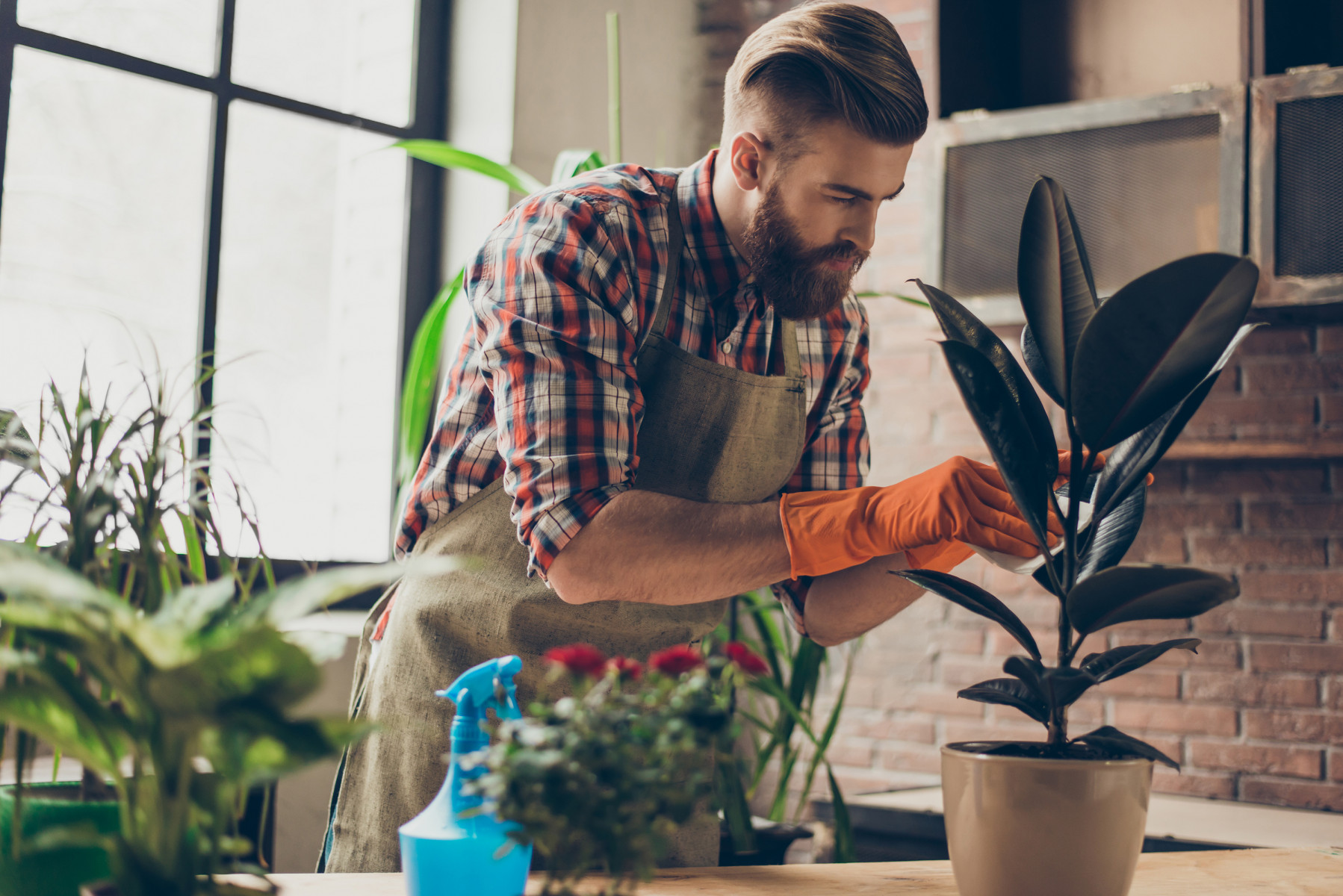 Jeune artisan fleuriste horticulteur avec des gants orange et un tablier